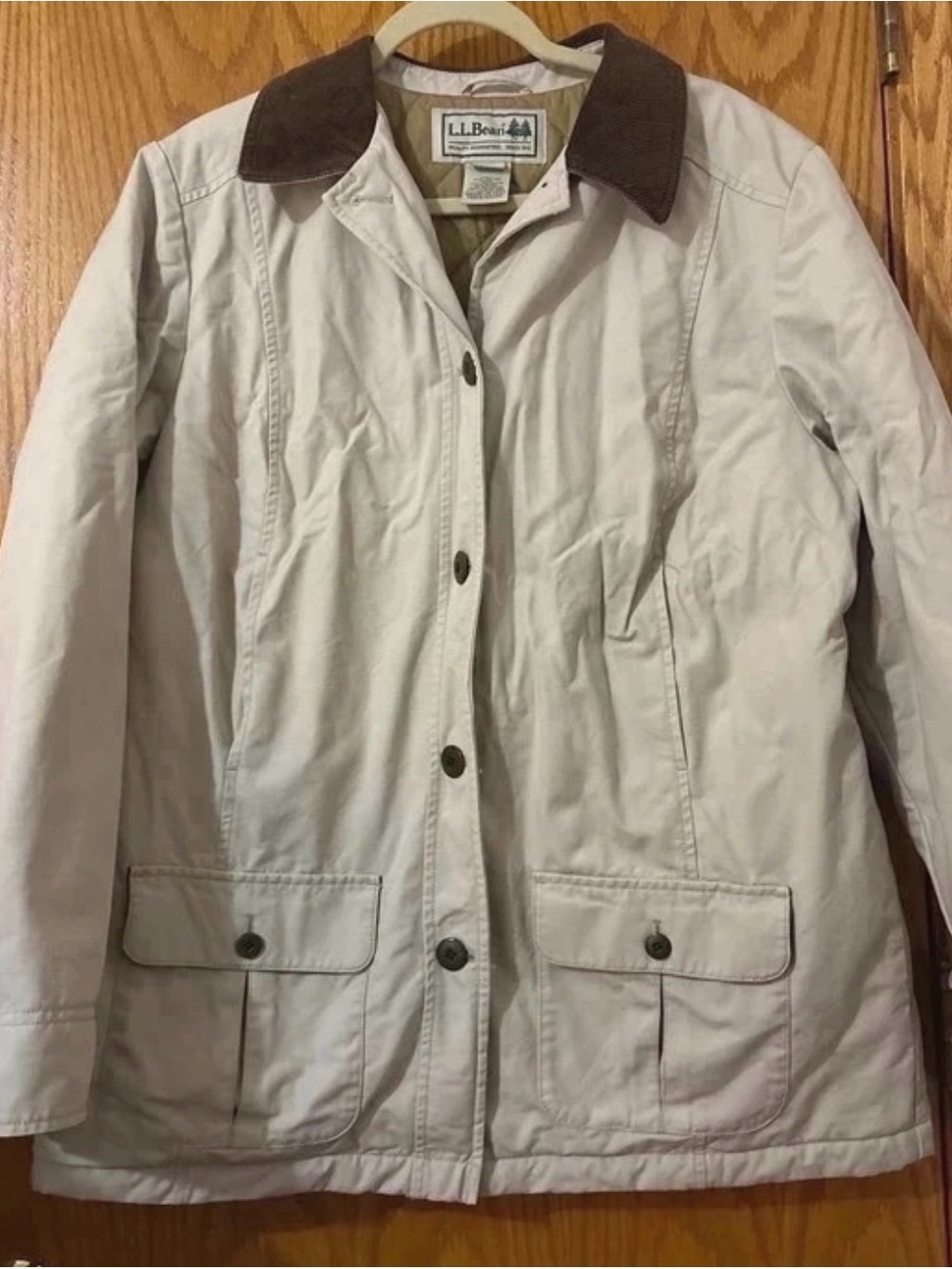 L.L. Bean Cream Barn Chore Coat with Brown Corduroy Collar quilted size large